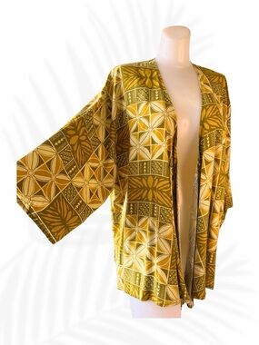 Tanoa Mustard Yellow Geometric Kimono Cardigan OS Tropical Layer
